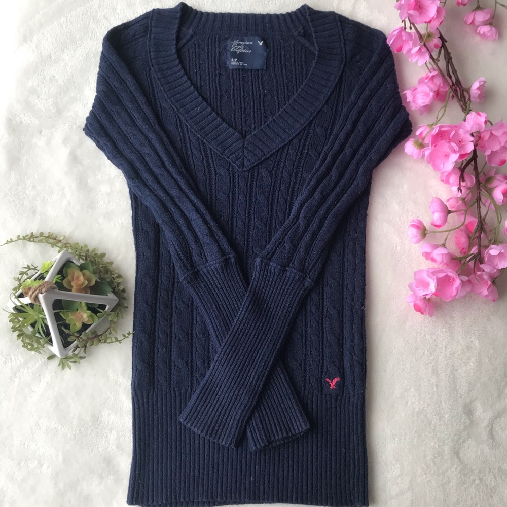 American Eagle Navy Blue V-Neck Sweater